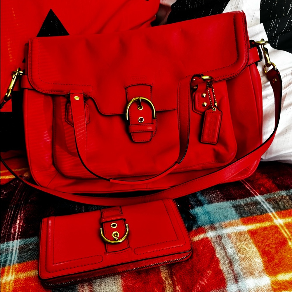 Coach Red Shoulder Bag and Wallet Set
